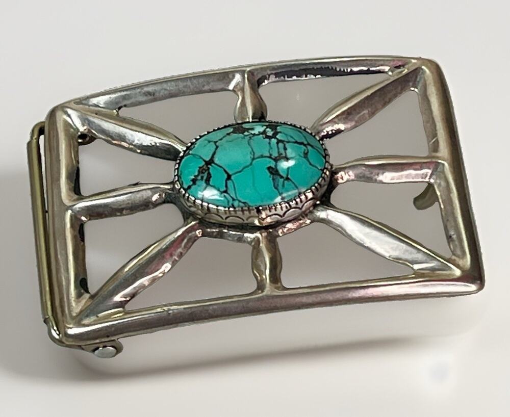 Native American Navajo Blue Kingman Turquoise Sterling Silver Belt Buckle Signed
